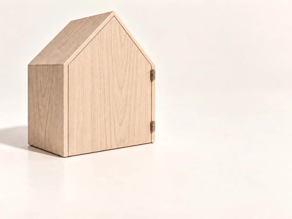 Ett öppet hus i ljust trä där en kvinna målar en vägg blå.